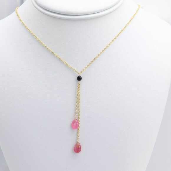 Tourmaline Dangle Necklace 14k Yellow Gold Pink Gemstone Drops (#8) - Picture 8 of 10